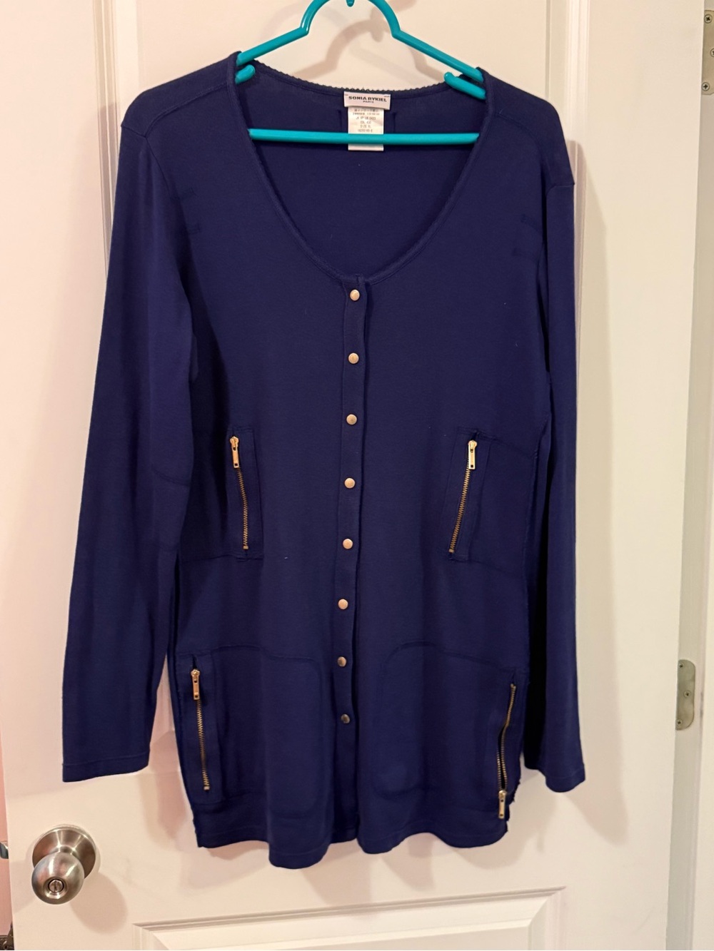 Sonia Rykiel Navy Button-Front Long Cardigan with Gold Zippers 100% Cotton.Paris